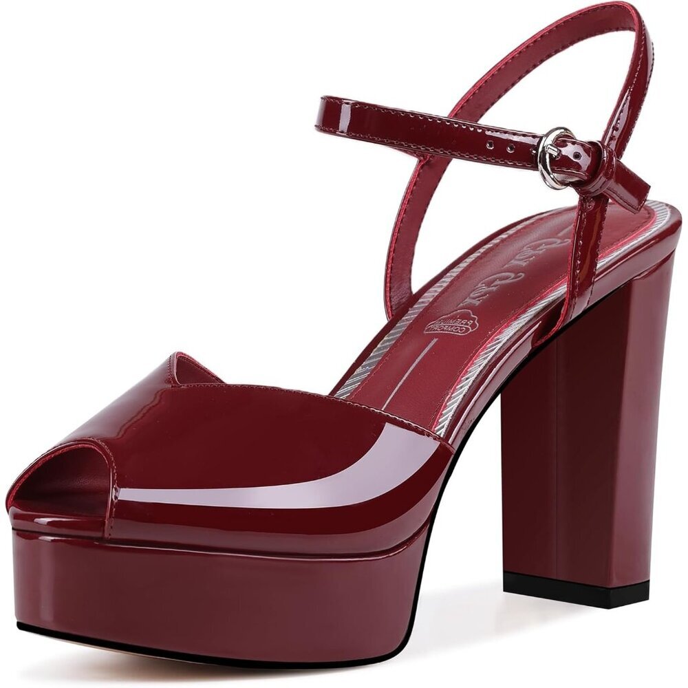 Women Burgundy Platform Sandals High Heels Fish Mouth Open Toe Platform Heels